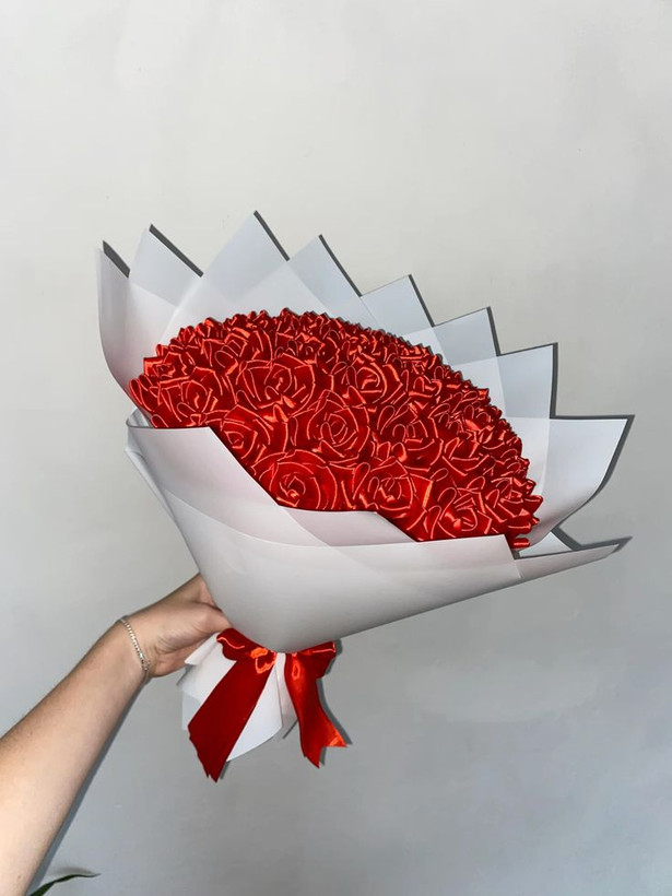 دسته گل رز ولنتاین دسته گل مصنوعی رز روبانی ۵شاخه