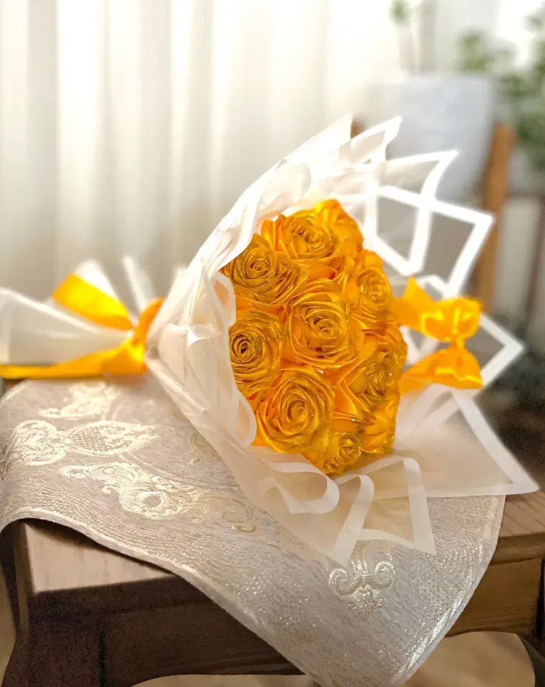 دسته گل رز روبانی مصنوعی ۱۰شاخه دسته گل ولنتاین گل خواستگاری
