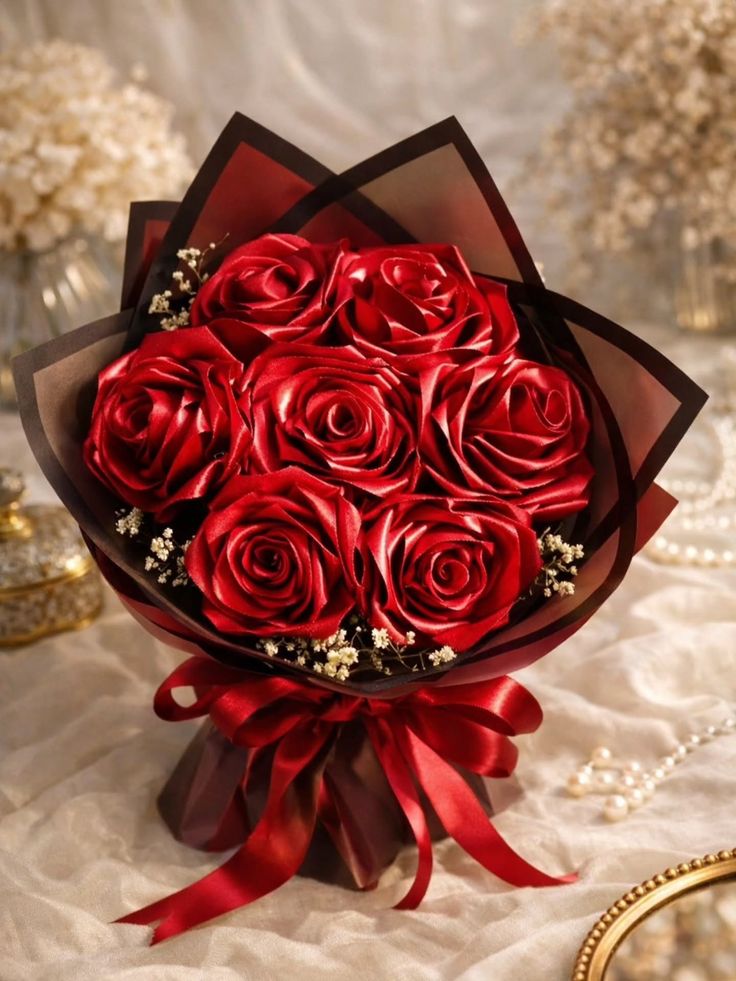 دسته گل رز مصنوعی ۷شاخه اکلیلی گل روبانی دسته گل خواستگاری